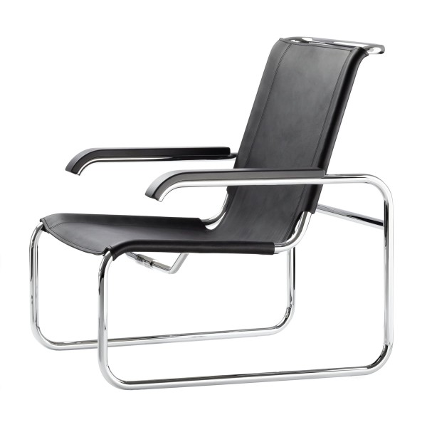 토넷 S 35 L Lounge Chair, chrome / black leather / black stained beech armrests (TP 29)