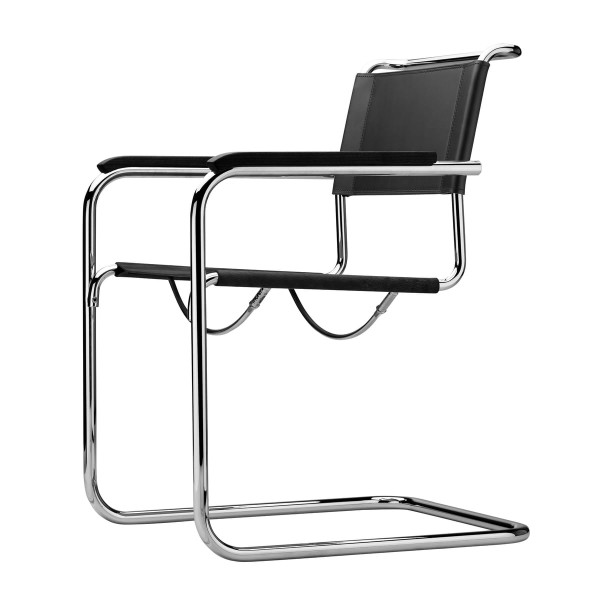 토넷 S 34 Chair, chrome / core black leather / stained black beech armrests (TP 29)